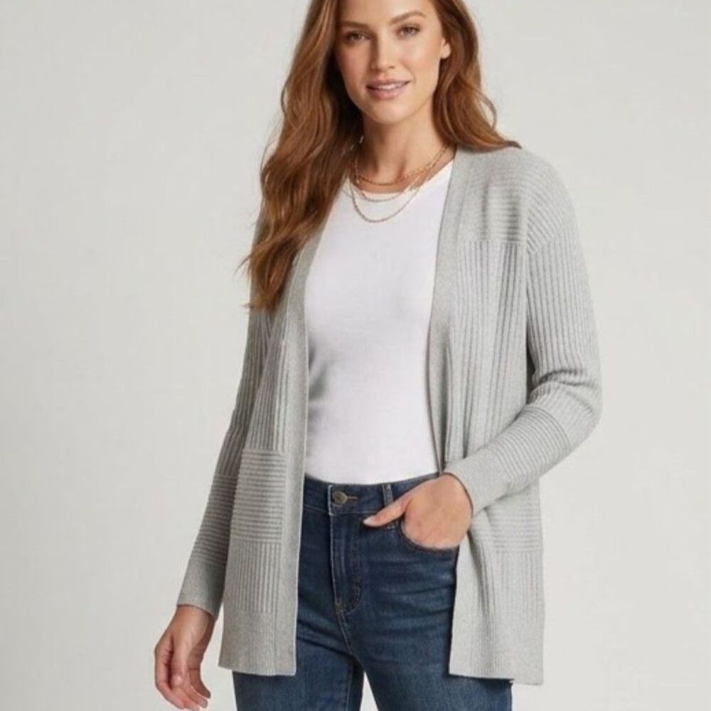 Lety & Me Grey Textured Ribbed Open-Front Cardigan Sweater SZ M Neutral Chic